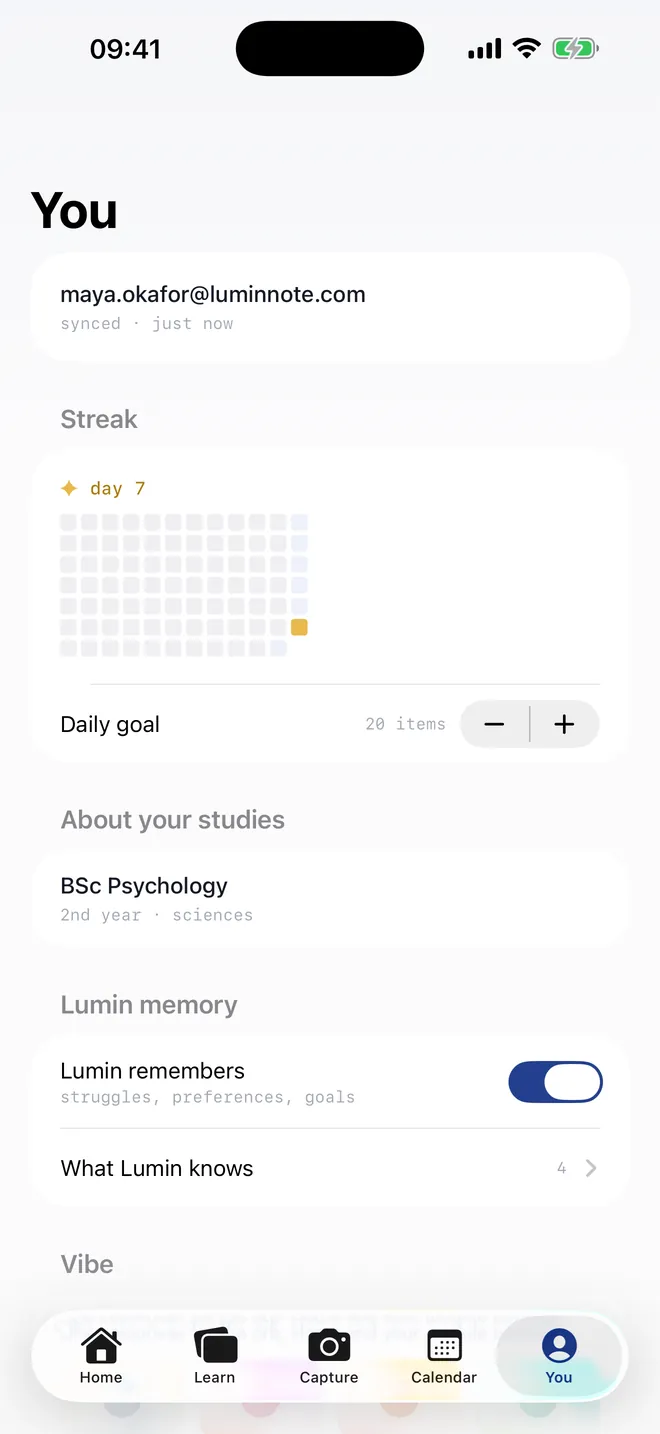 The You tab: a 7-day streak grid, daily goal, study profile, Lumin memory and the vibe picker