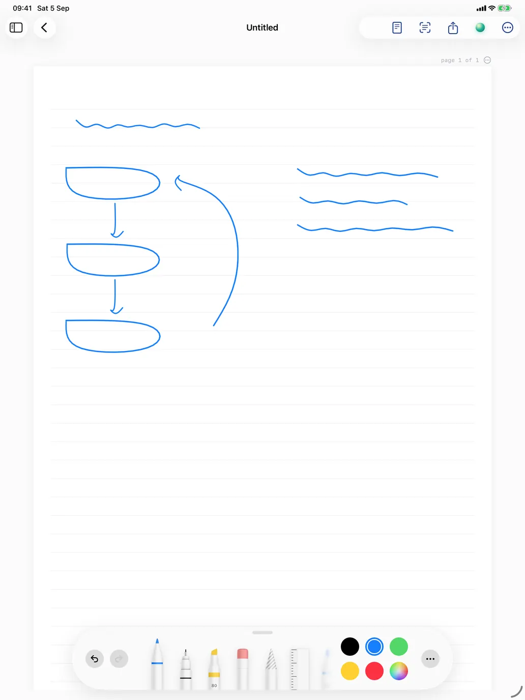 A handwritten iPad note with a sketched diagram on lined paper, Pencil tools below