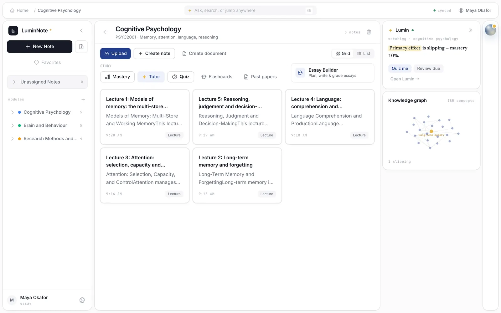 A module page in LuminNote: five lecture notes, a Study row with Mastery, Tutor, Quiz, Flashcards and Past papers, and the Essay Builder card.