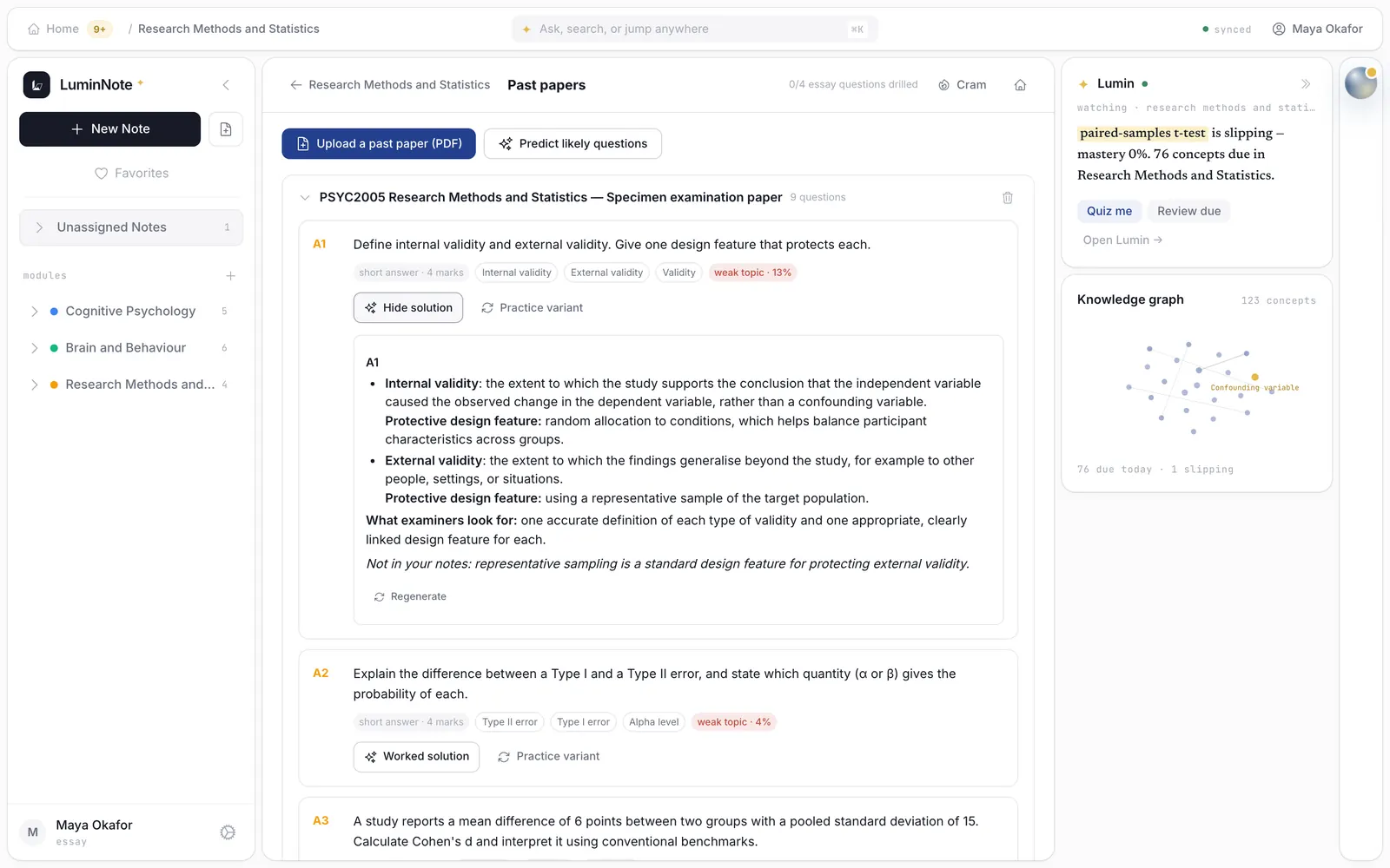 A past paper broken into questions, each tagged with its concepts and weak-topic score, with a worked solution open
