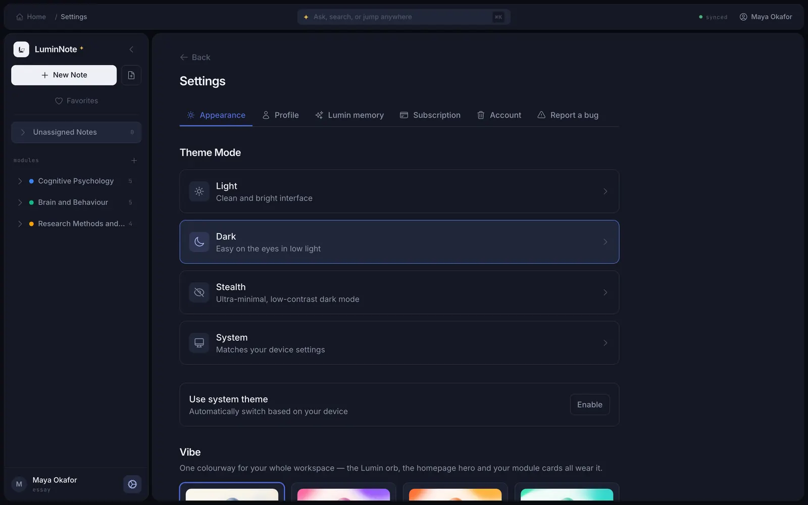 Settings in dark mode