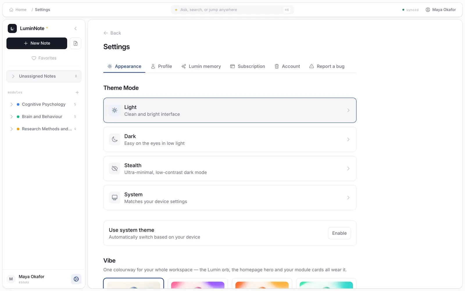 Settings in light mode